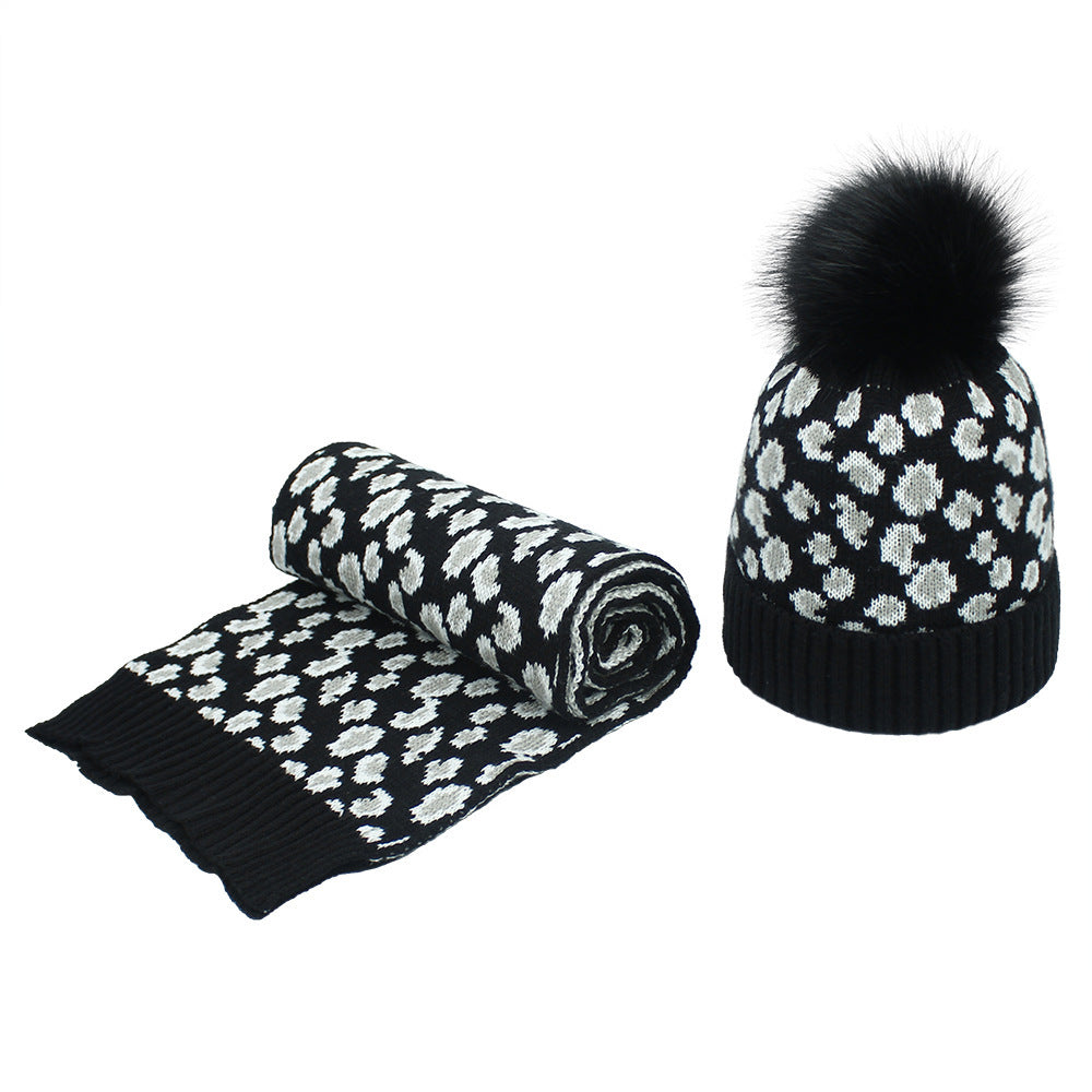 Frauen Herbst und Winter Leopard Print Haar Ball Hut Schal Set