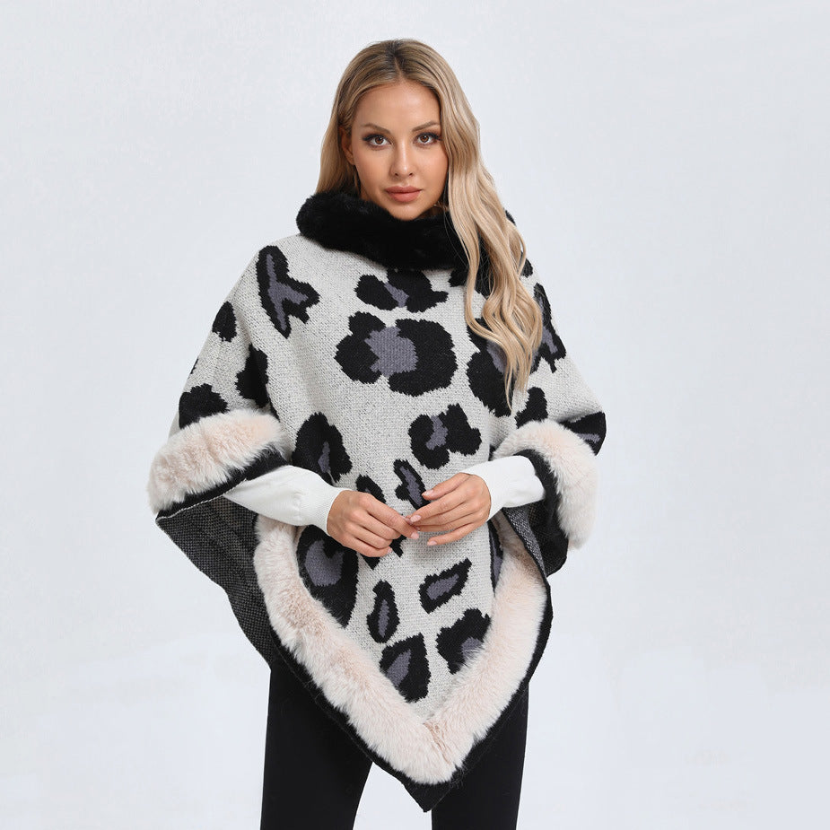 Leopard Print Plus Size Pullover Cloak Big Fur Collar Irregular Mid-length Cloak