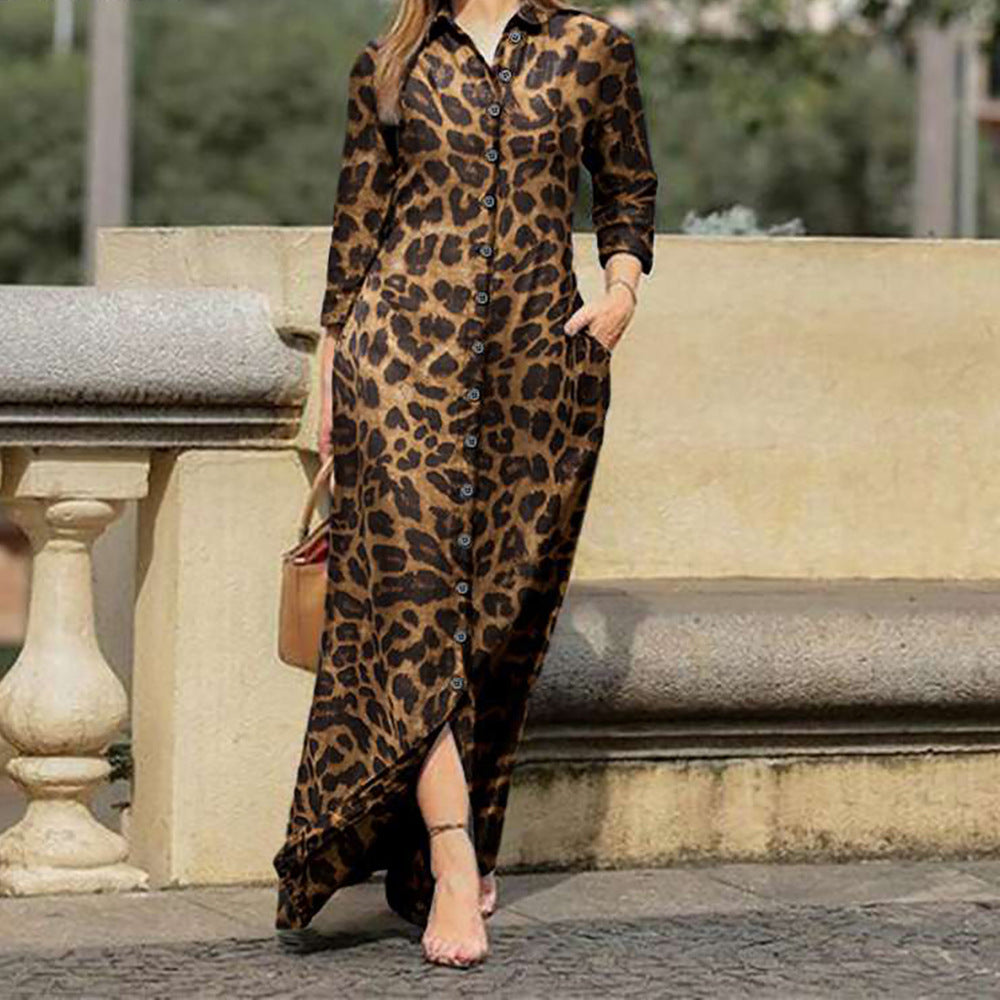 Popular Women's Long Sleeve Leopard Print Shirt Long Dress