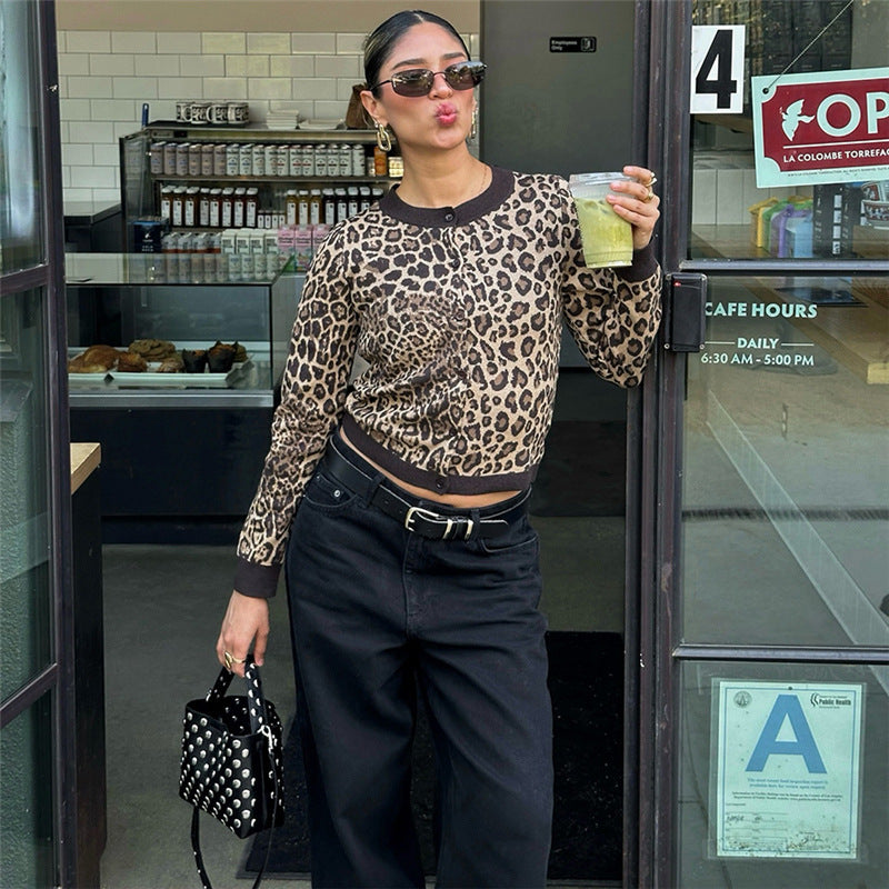 Design Leopard Print Long Sleeve Knitted Cardigan Top