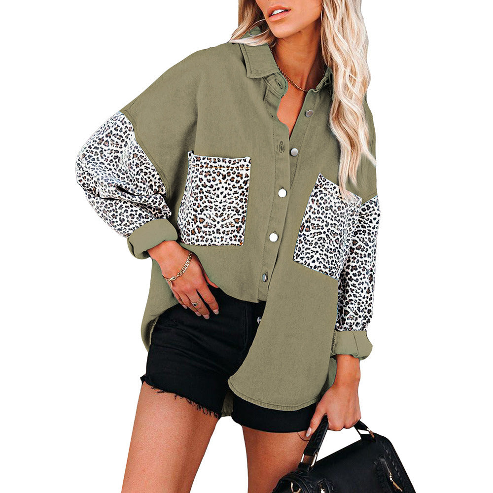Leopard Print Stitched Casual Top With Pockets