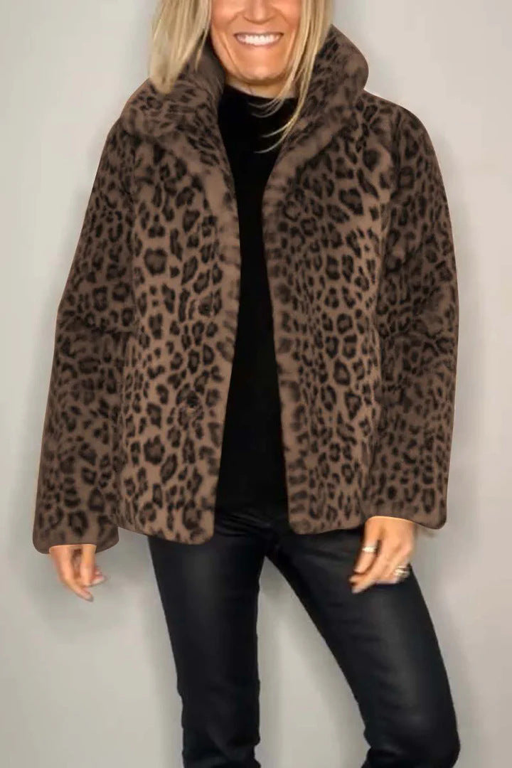Winter New Warm Women's Fashionable Leopard Print Lapel Faux Leather Woolen Top