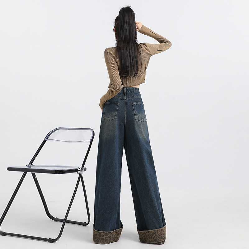 Leopard-print Curling Niche Design Stitching Jeans