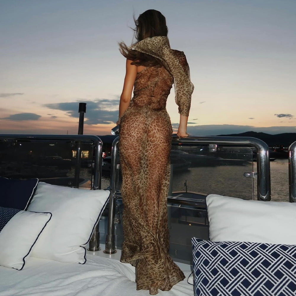 Summer Leopard Print Dress Sexy See-through Shoulder Sleeve