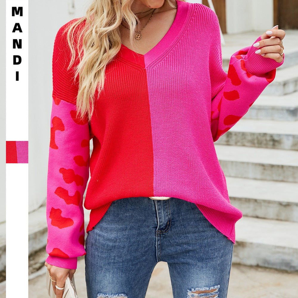 Women's Casual Contrast Color Leopard Print V-neck Fashion Pullover Sweater