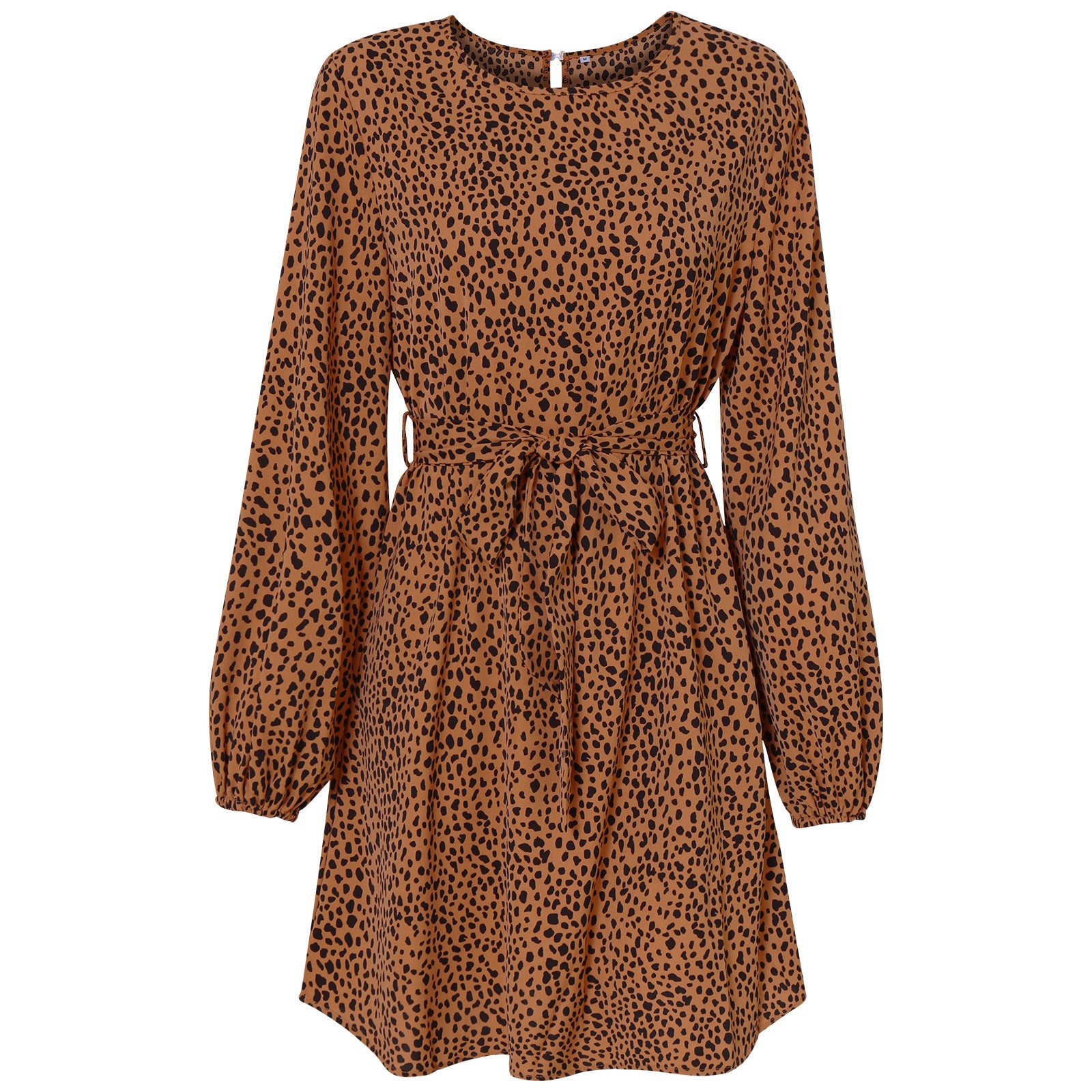 Ladies Lace Up Fashion Rundhalsausschnitt Kleid mit Leopardenmuster