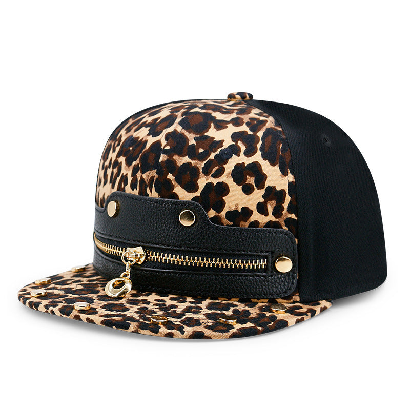 Hip-Hop Leopard Print Reißverschluss Leder flache Krempe Hut