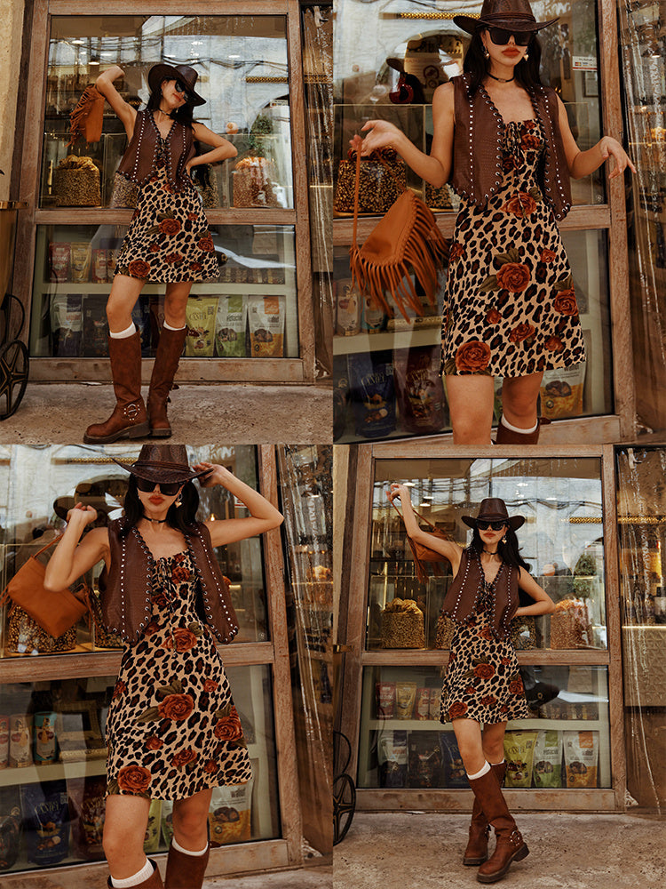 Vintage Leopard Print Gedrucktes kurzes Kleid mit Schleife