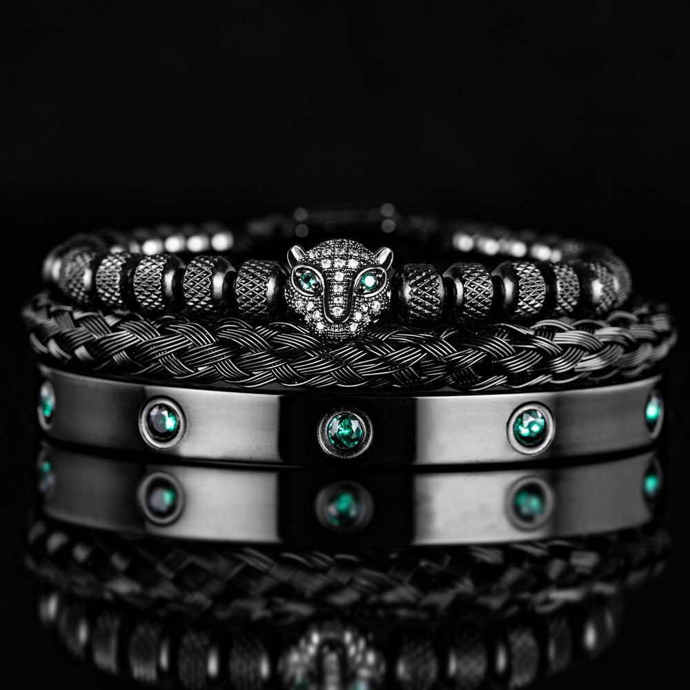 Mikro-Intarsien-Leopardenkopf-Armband-Set