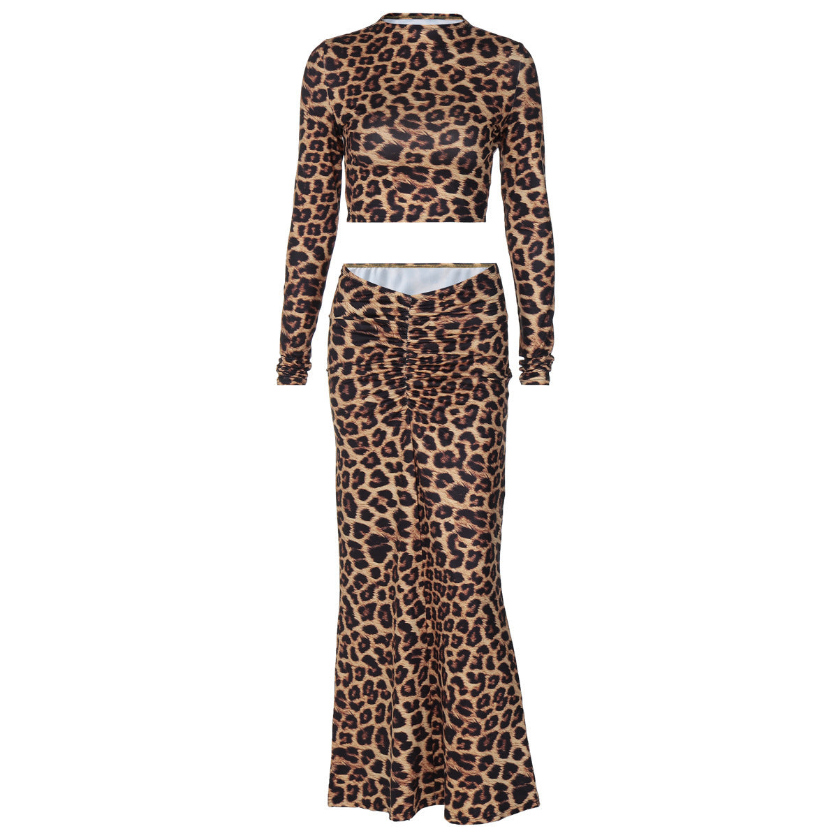 Leopard Print Elastischer Faltenrock Lange Ärmel Eleganter Stretch-Anzug