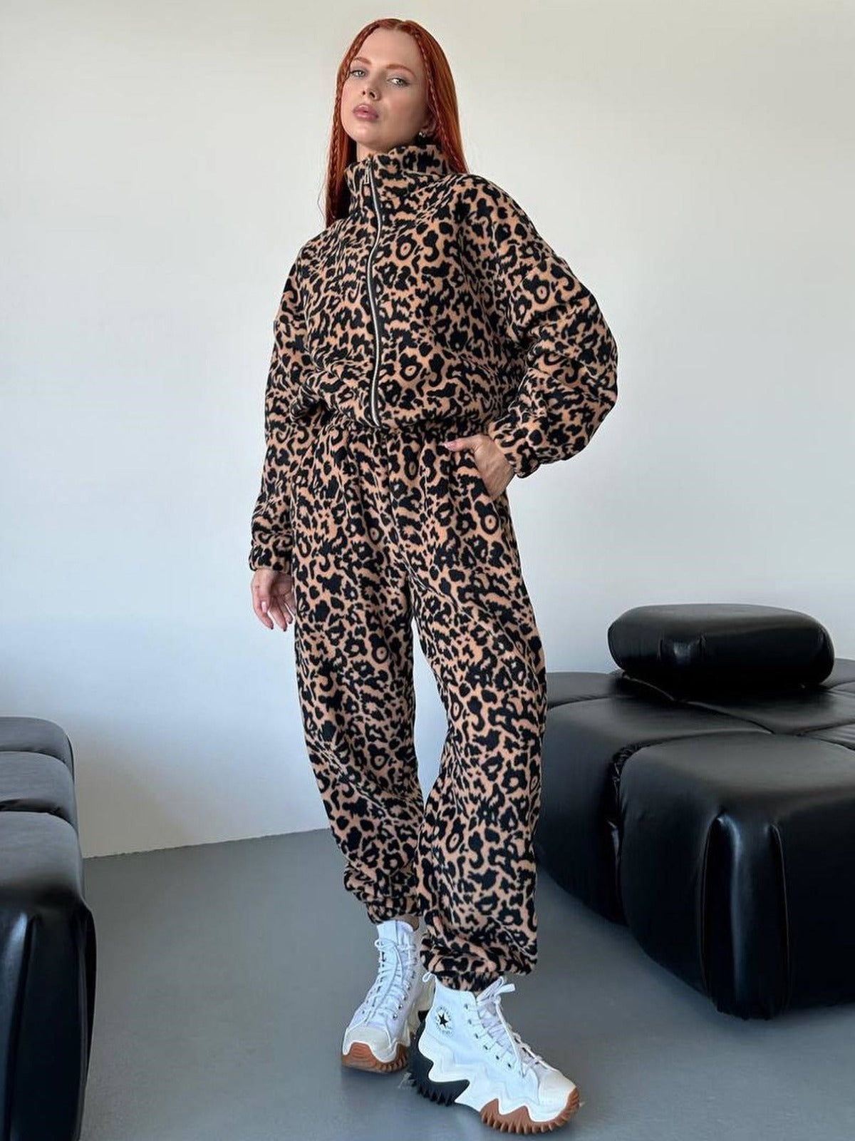 Damenmode Lose Leopard Print Zipper Pullover Anzug