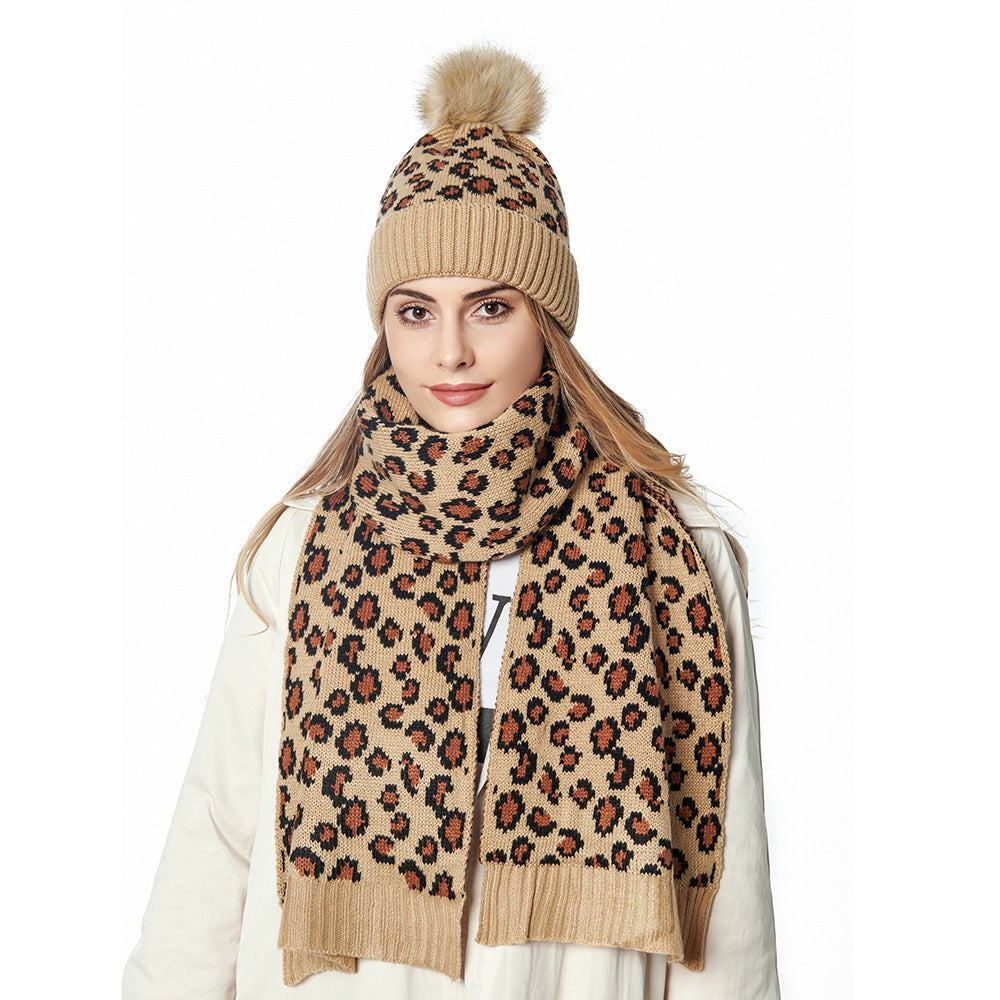 Frauen Herbst und Winter Leopard Print Haar Ball Hut Schal Set