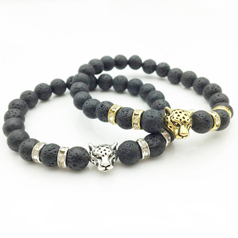 8mm Naturstein Lava Stein Perlen Armband für Männer Leopard Kopf Leopard Anhänger Charme Armband handgemachten Schmuck