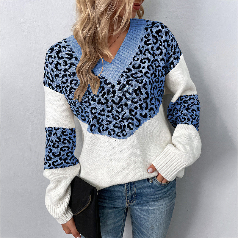 Fur Rain V-neck Pullover Contrast Color Leopard Print Sweater