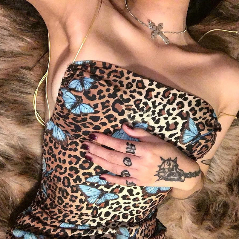 Europäisches und amerikanisches Leoparden Schmetterling Spitze sexy Kleid