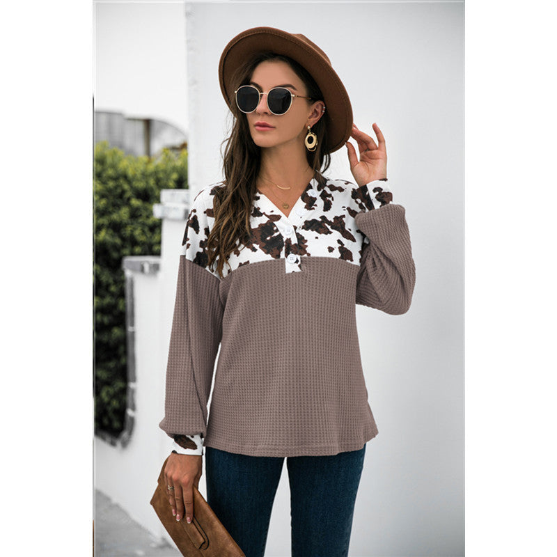 Leopard Print Stitching Loose Casual Long-sleeved Sweater