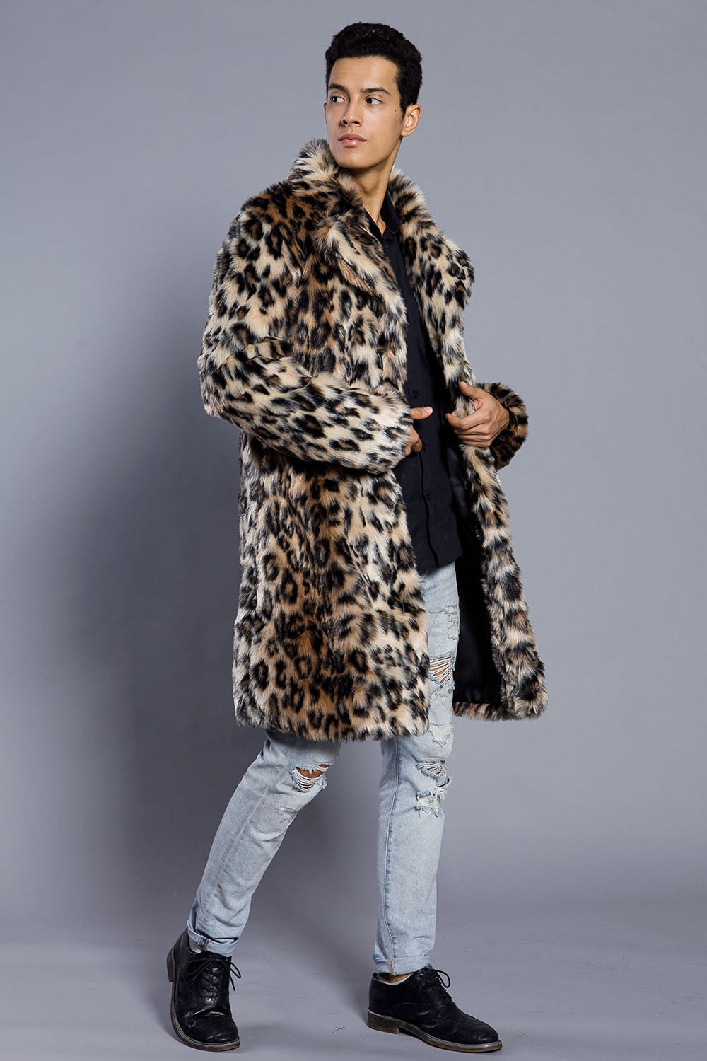 Europe And The United States Leopard Color Fur Men's Suit Collar Collar Coat Popular Warm Coat Men