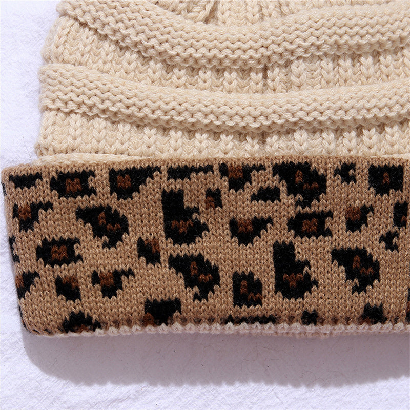 Damen Herbst Winter Leopard Print Cuffed Acryl gestrickt Hut
