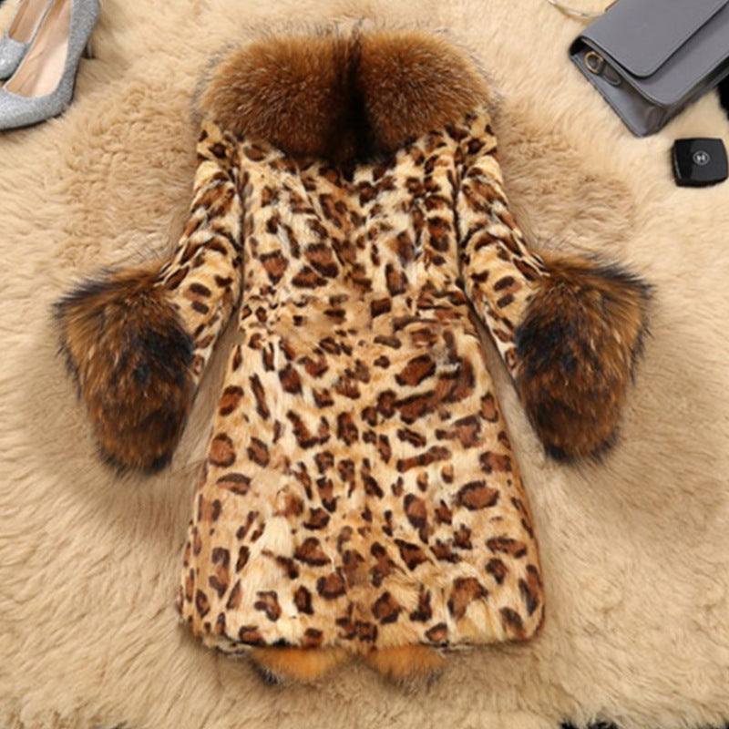 Mid-length Leopard Print Raccoon Fur Collar Coat