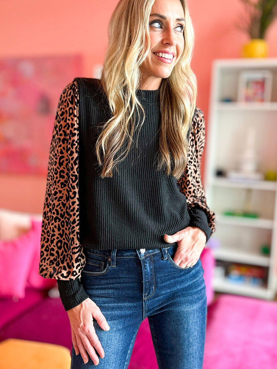 Sweater Women's Leopard Print Thread Knitted Long-sleeved Top