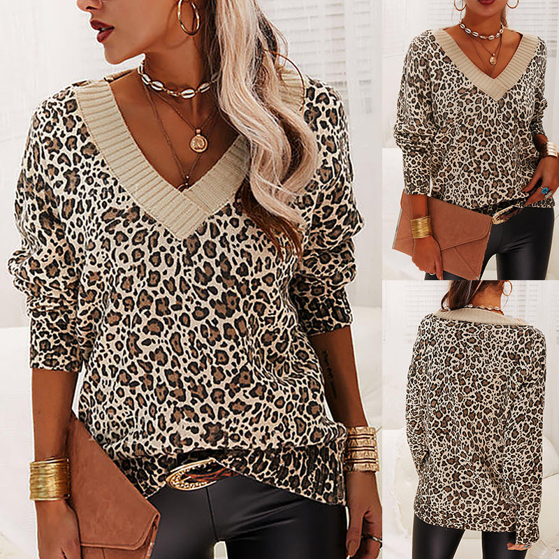 Leopard Print Long-Sleeved V-Neck Loose Casual Sweater