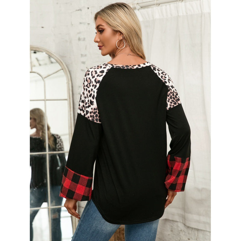 Lässiges Leopard Print Colorblock T-Shirt mit Rundhalsausschnitt und langen Ärmeln