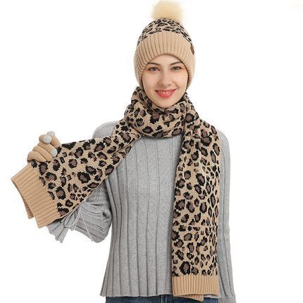 Winter Leopardenmuster Warm gestrickt Wolle Mütze Schal Handschuhe Drei Stück Set