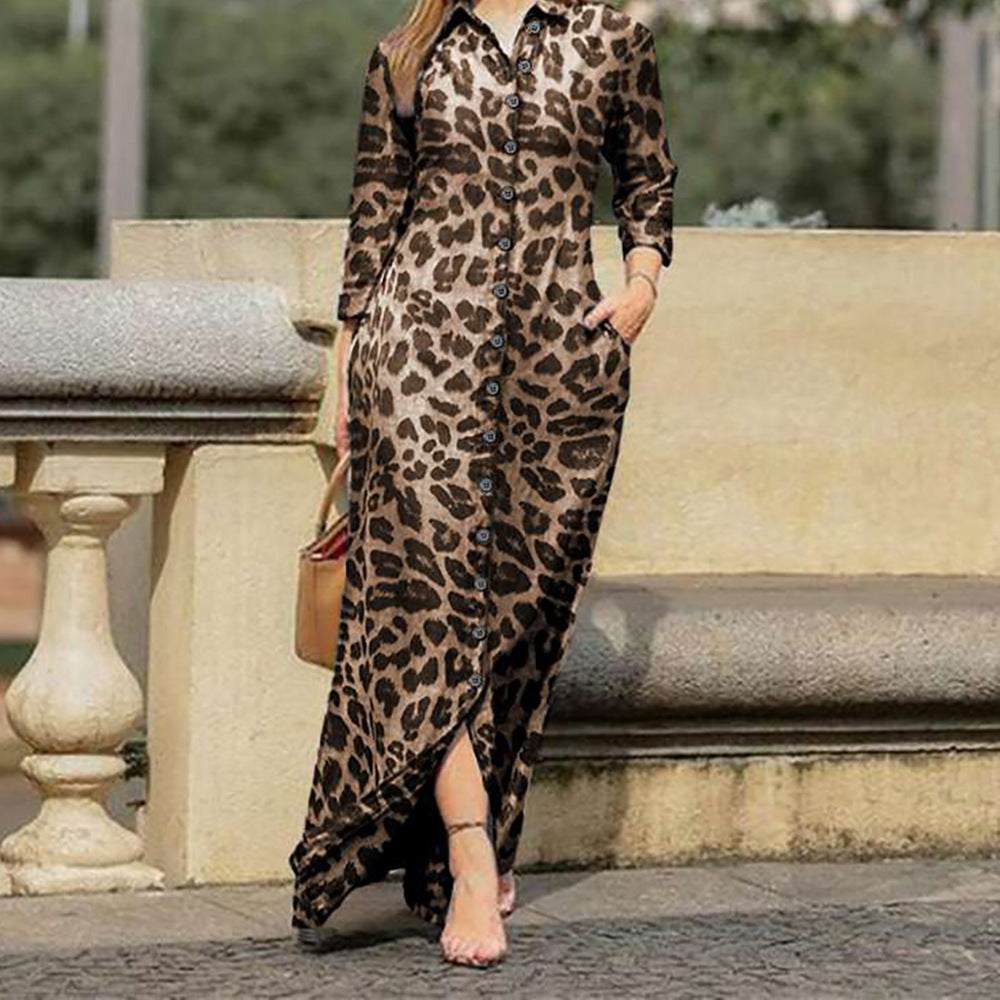 Popular Women's Long Sleeve Leopard Print Shirt Long Dress
