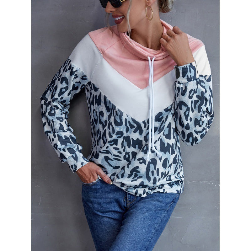 Leopard Print Contrast Stitching Pullover Hoodie