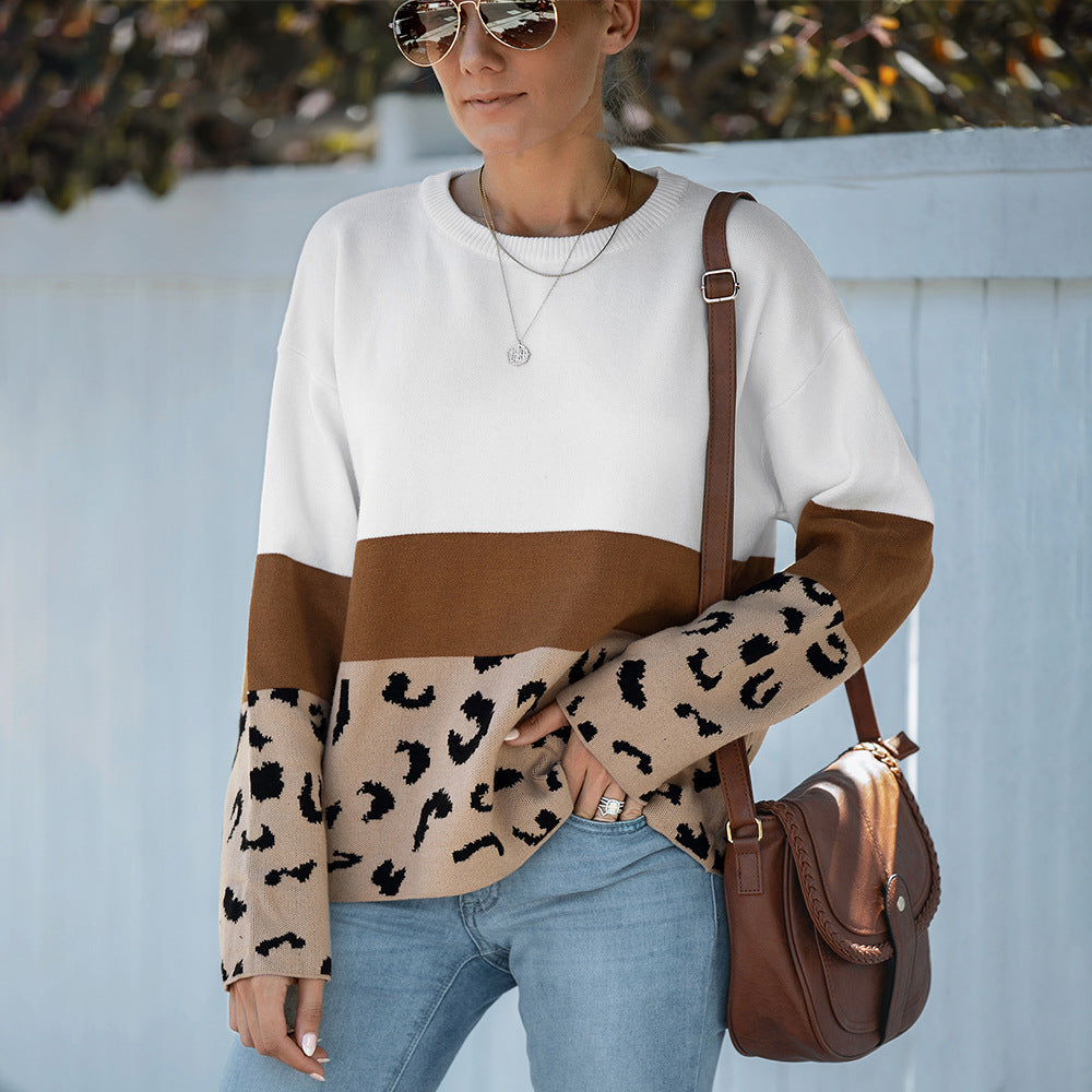 Women's Fashion Leisure Warm Loose Leopard Print Splicing Coat