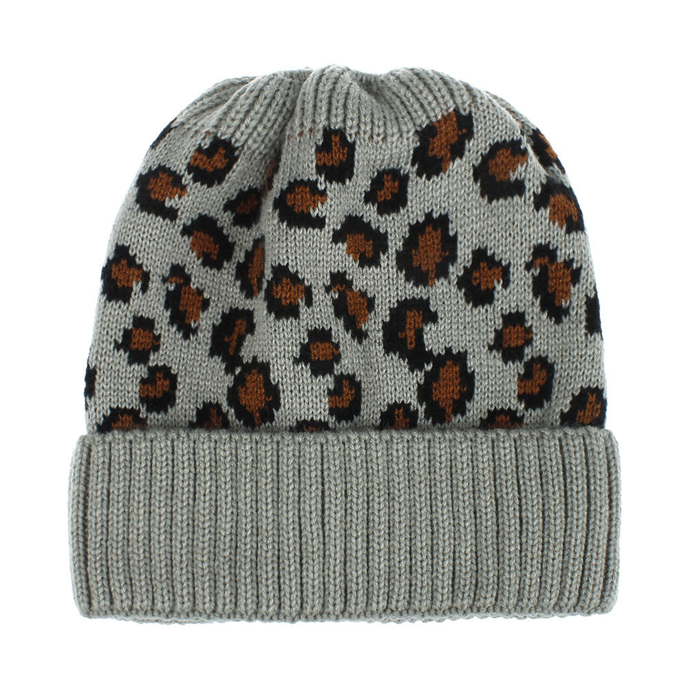 Warm und modisch Leopardenmuster im Freien gestrickt Pferdeschwanz Hut