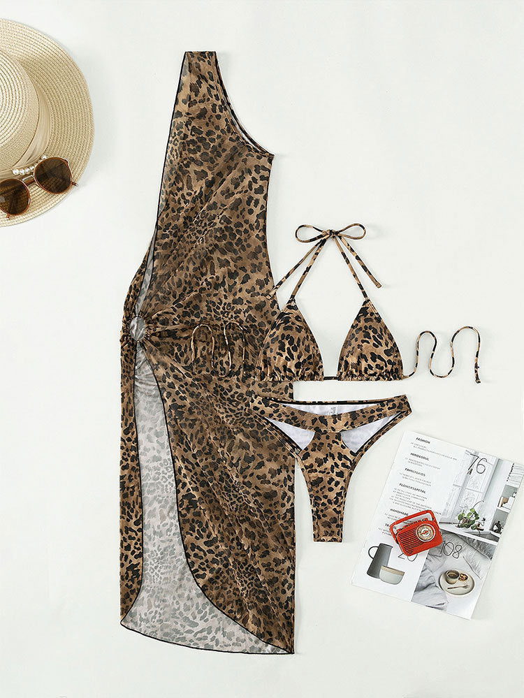 Damenhalter Schnürkleid mit Leopardenmuster Dreiteiliges Set