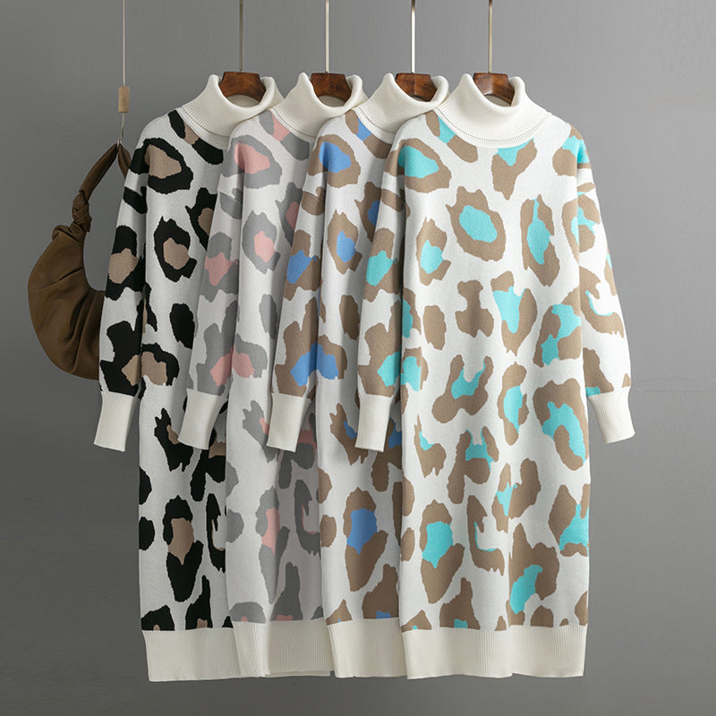 Damen Kleid Modisches Leopardenmuster Rollkragenpullover Gestricktes langes Kleid