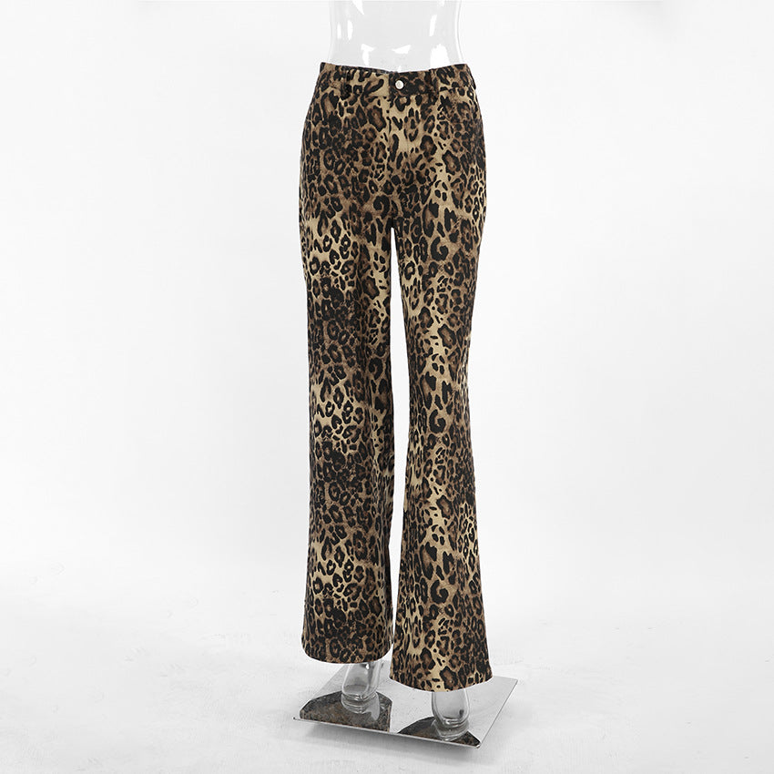 Summer Retro Street Style Loose Low Waist Leopard Print Trousers Versatile Cotton Wide Leg Pants Casual Pants