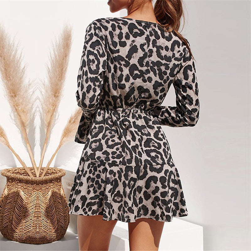 Leopardenmuster Taillenkontrolliertes, schlank machendes Kleid mit langen Ärmeln und Schnürung