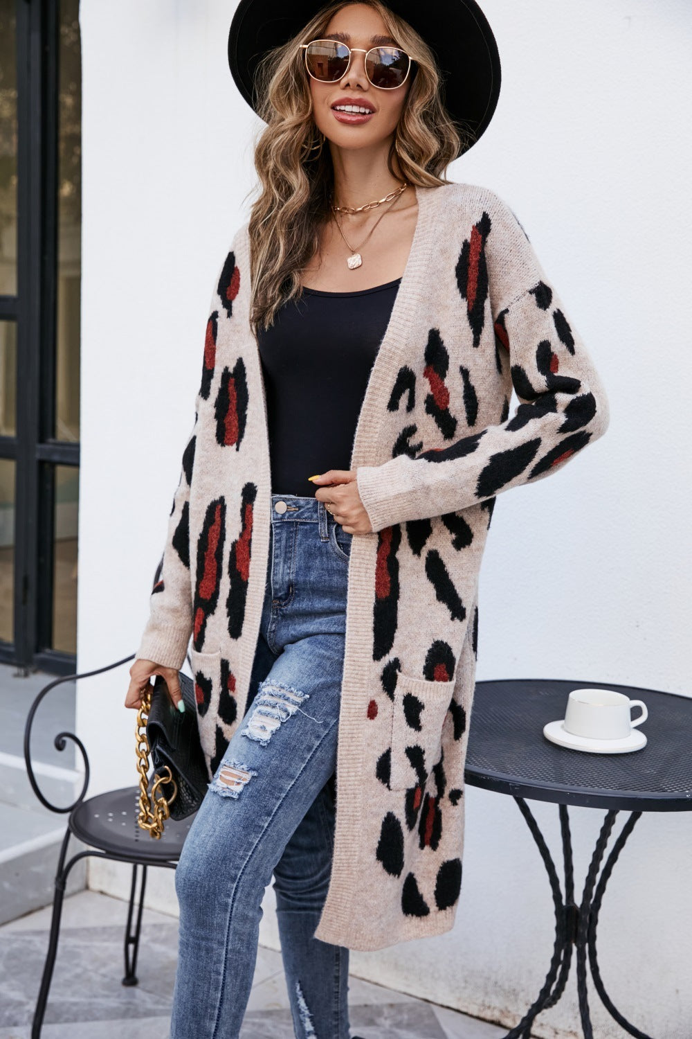 V-neck Leopard Print Knitted Cardigan Sweater Long Coat