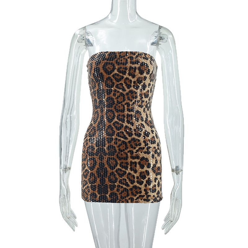 Women's 2 Leopard Print Sequined Tube Top Slim Fit Short Sheath Dress