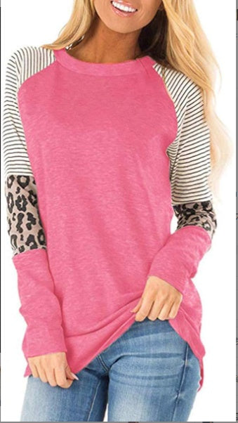 Langärmeliges Paneel Leopard style Lässiges T Shirt Top