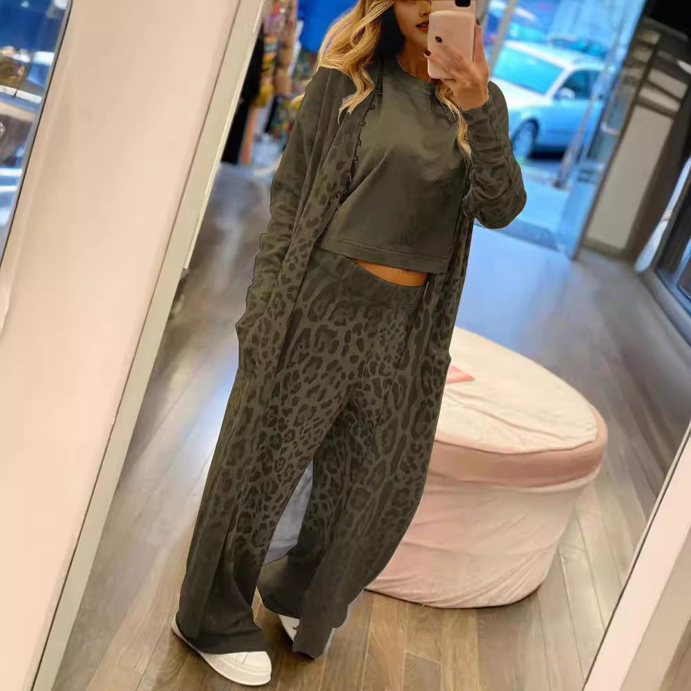 Leopard Print Langarm Strickjacke Jacke Hose Anzug Frauen