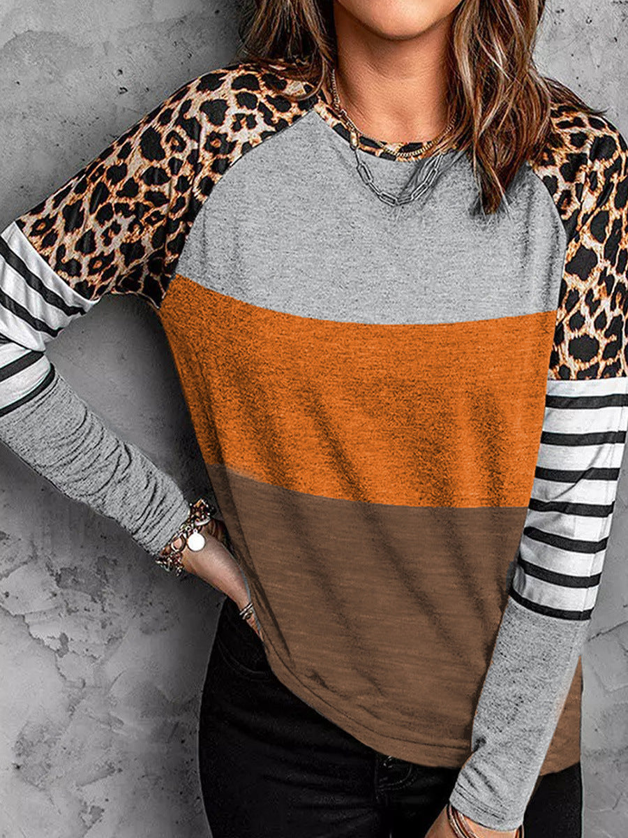 Leopard Stripe Stitching Long-sleeved Top