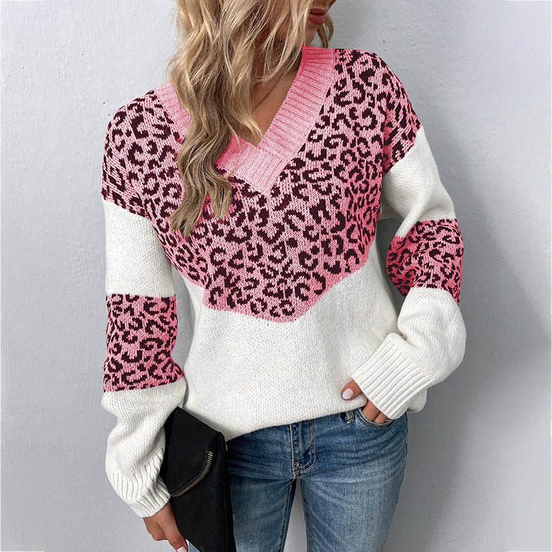 Fur Rain V-neck Pullover Contrast Color Leopard Print Sweater