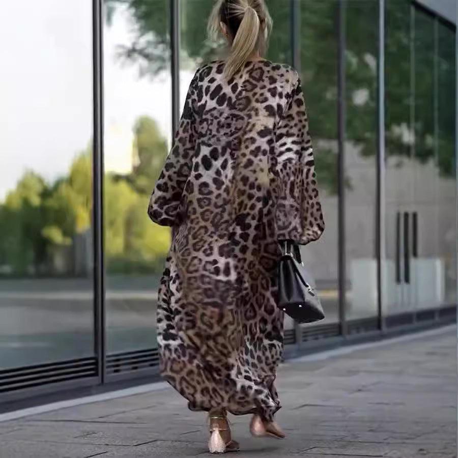 Lose Damen Leopard Print Langarm Kleid Plus Size
