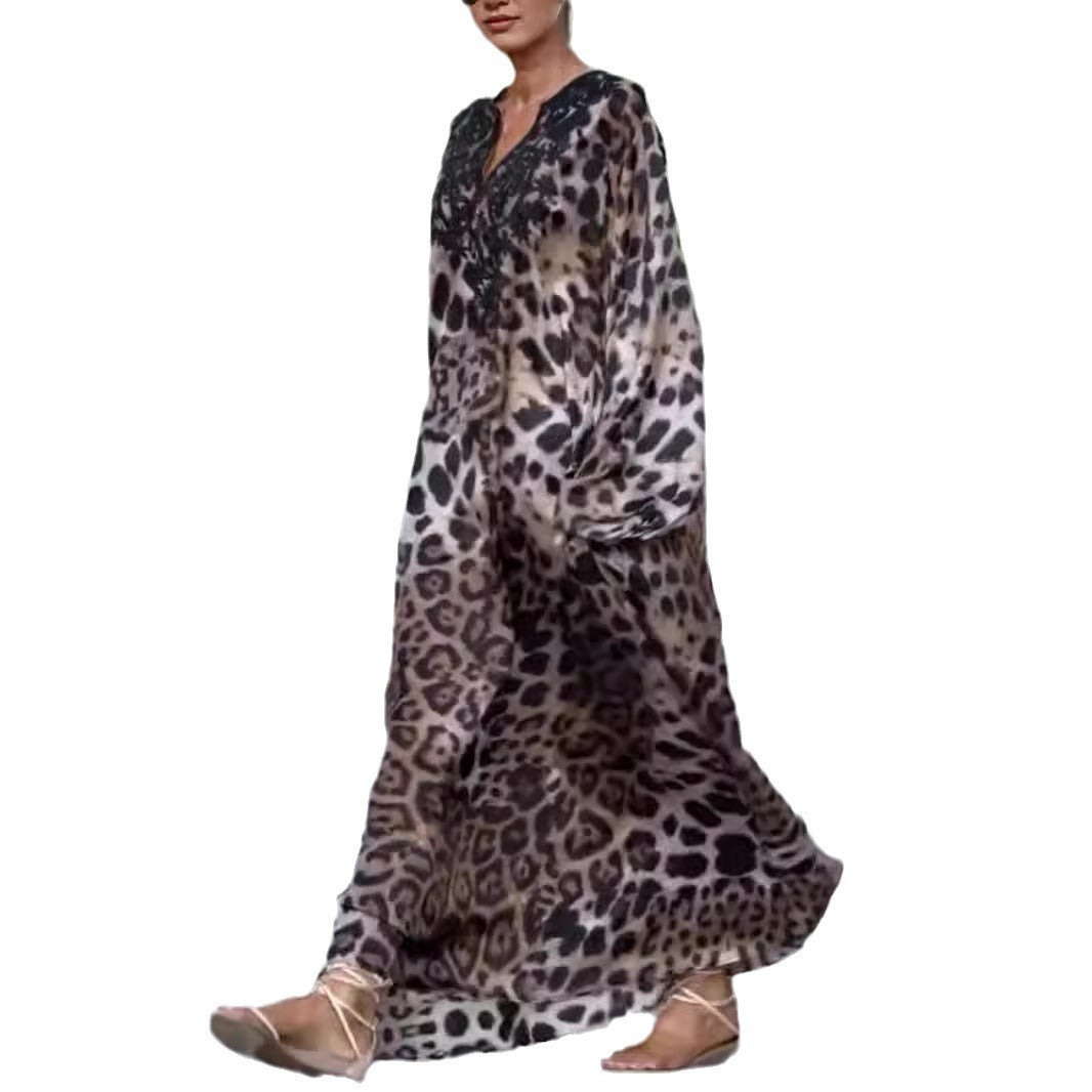 Lose Damen Leopard Print Langarm Kleid Plus Size