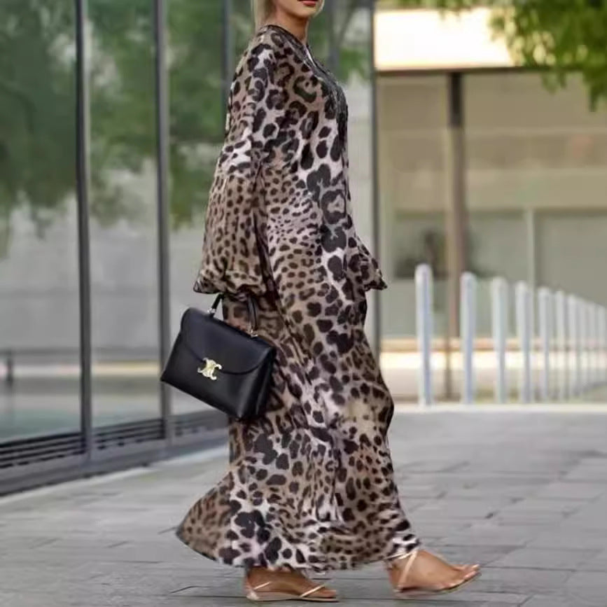 Lose Damen Leopard Print Langarm Kleid Plus Size