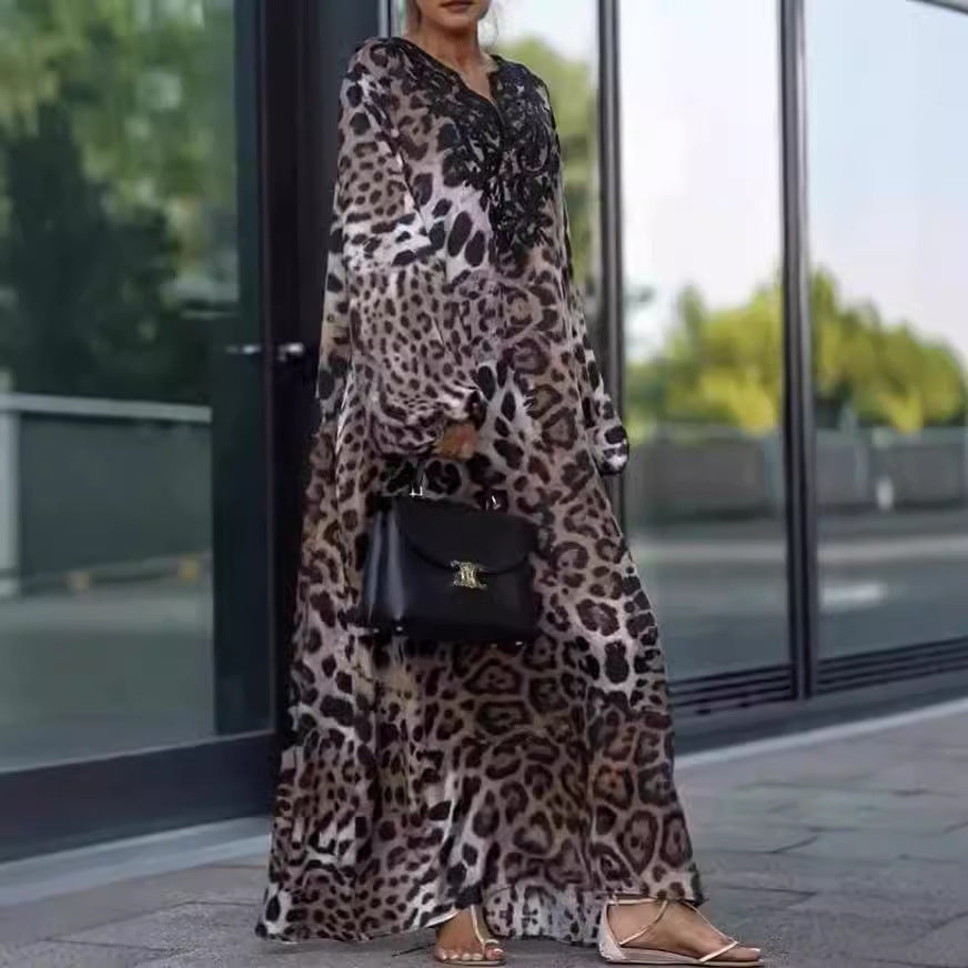 Lose Damen Leopard Print Langarm Kleid Plus Size