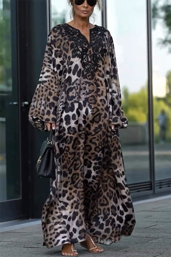 Lose Damen Leopard Print Langarm Kleid Plus Size