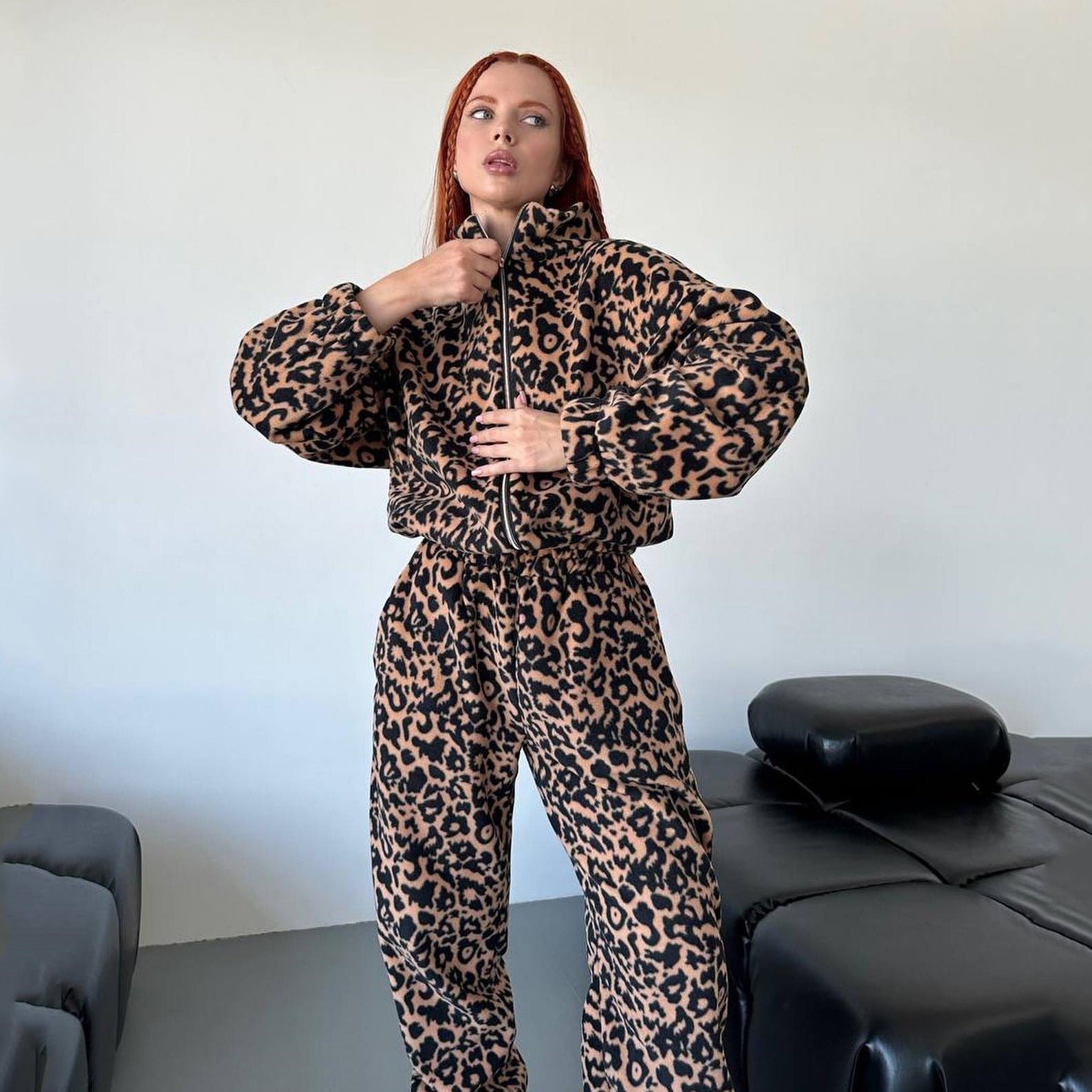 Damenmode Lose Leopard Print Zipper Pullover Anzug