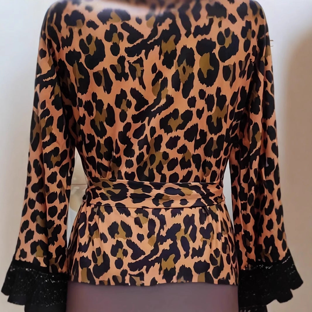 Fashion Casual Spitze Langarm Leopard Print Kleid