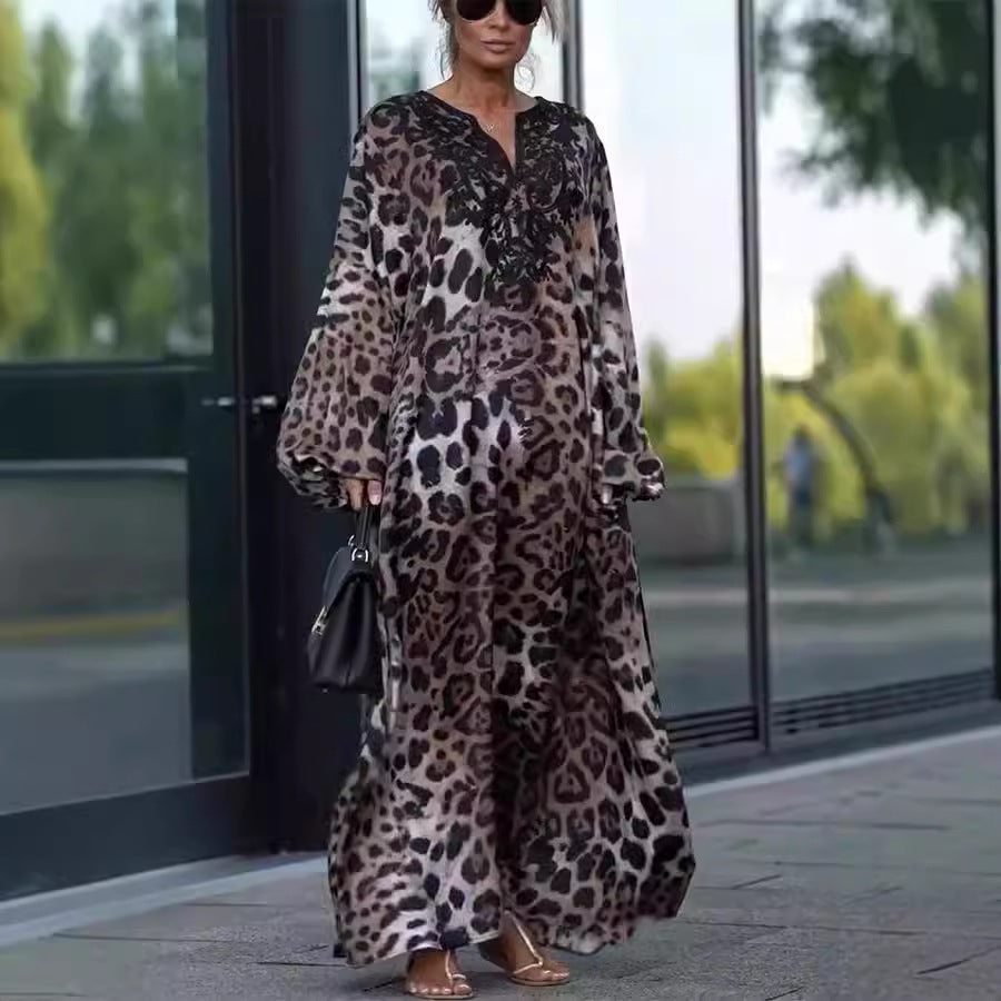 Lose Damen Leopard Print Langarm Kleid Plus Size
