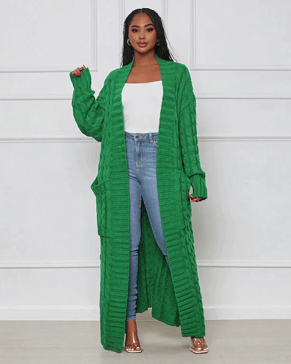 Lässige, lange Strickjacke mit V-Ausschnitt